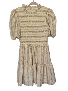 TCEC Size M Cream Pink Floral Smocked Puff Sleeve Tiered Mini Dress